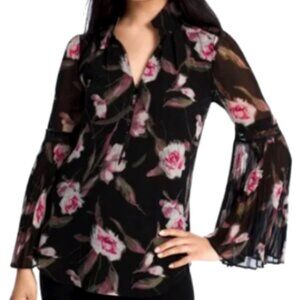 White House Black Market Floral Chiffon Pleated Bell Sleeve Blouse 12 Black 288N